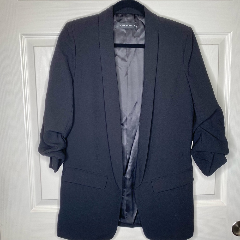 Zara Black Longline Ruched Sleeve Blazer Size XS - Picture 2 of 11